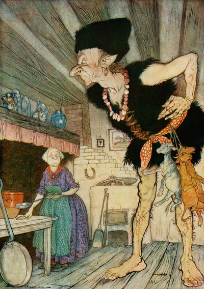 Fee fi fo fum huelo la sangre de un inglés, ilustración de Jack y las habichuelas mágicas, de Cuentos de hadas ingleses recontados por F.A. Steel, 1927 de Arthur Rackham